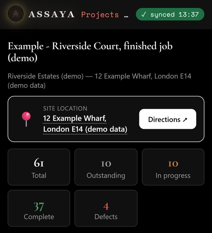Assaya job overview on a phone: totals for outstanding, in progress, complete and defect seals, and the drawings for each level