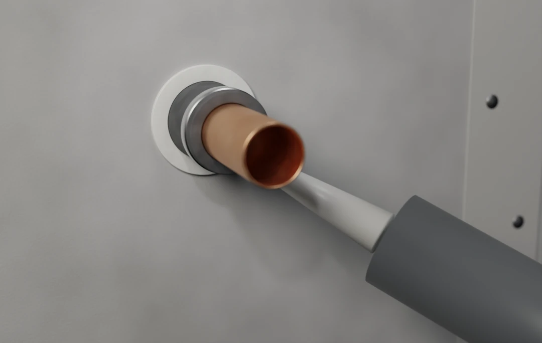 Intumescent mastic going in round a sleeved copper pipe through a board wall